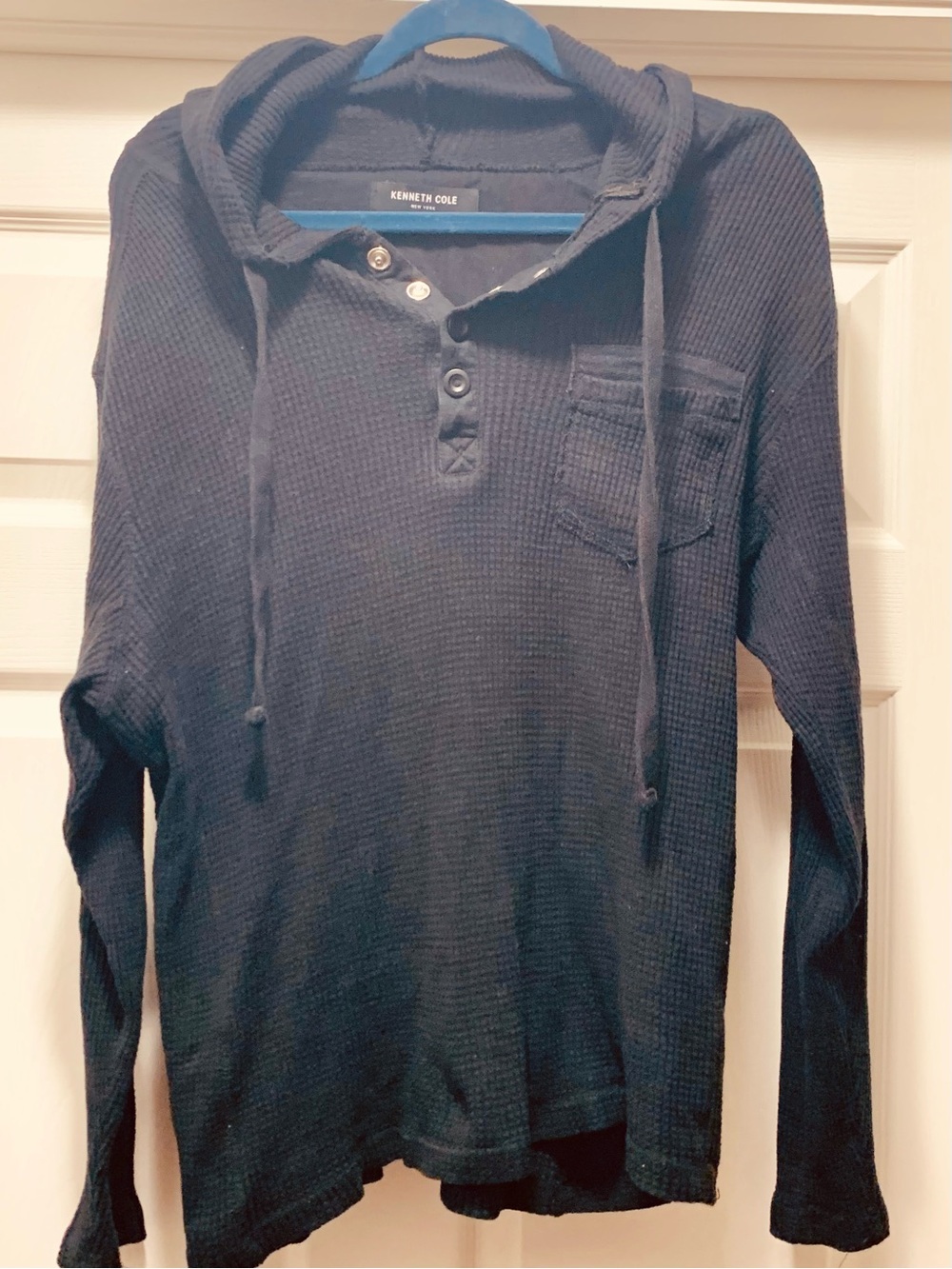 Kenneth Cole Black Hooded Waffle Henley